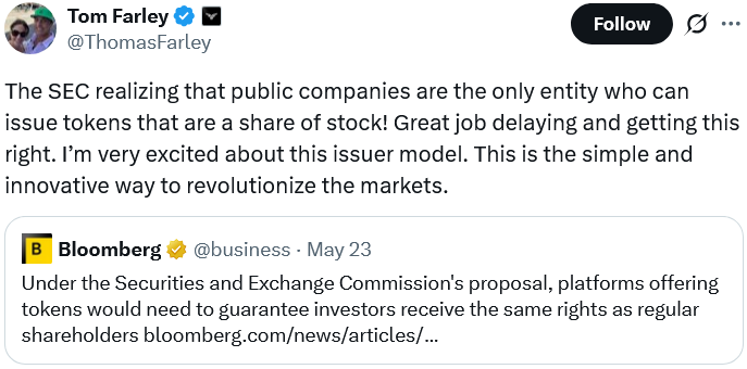 Tom Farley X post on SEC tokenized stock decision