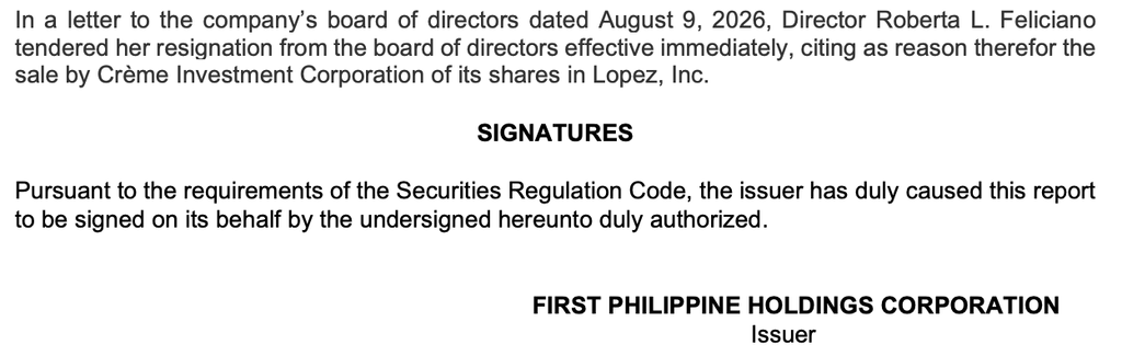 FPH disclosure screenshot showing Crème Investment Corp. sale