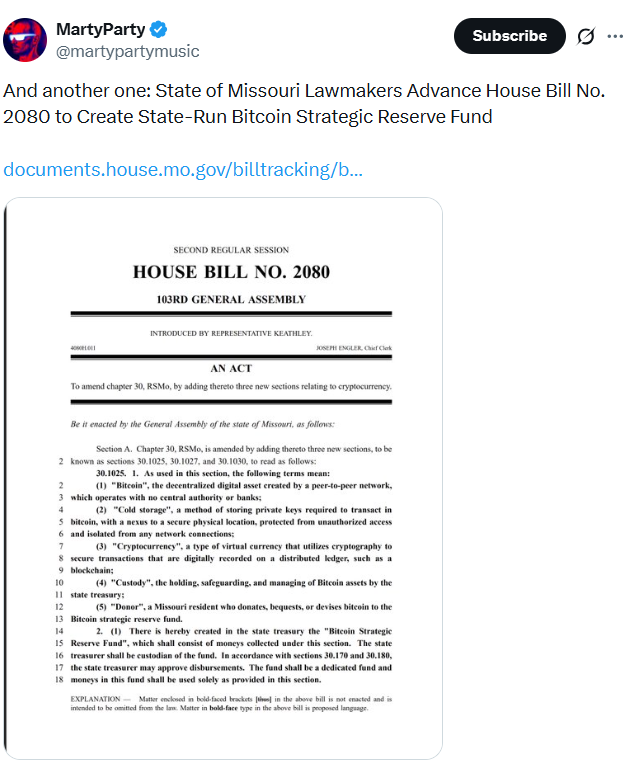 密苏里州立法者推进新的比特币（BTC）战略储备法案
