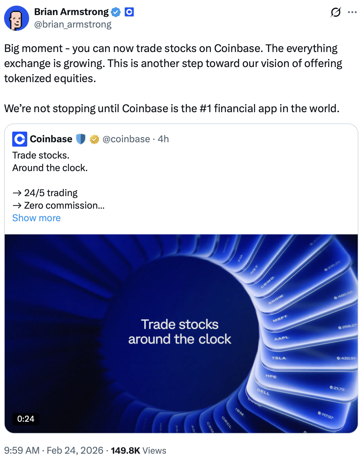 Coinbase向所有美国用户开放股票和ETF交易,推进多资产布局
