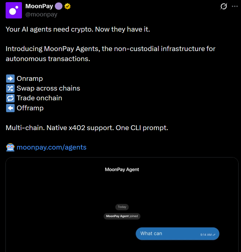 MoonPay推出"Agents"功能，为AI系统配备钱包和链上现金流