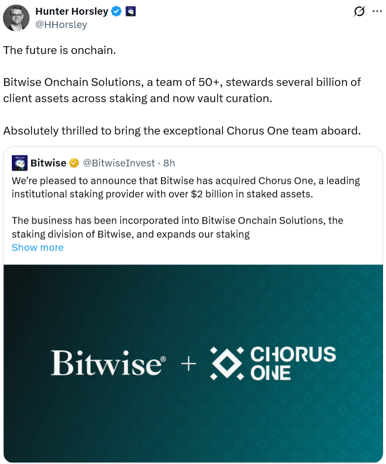 Bitwise收购Chorus One,或为更多质押ETF铺平道路