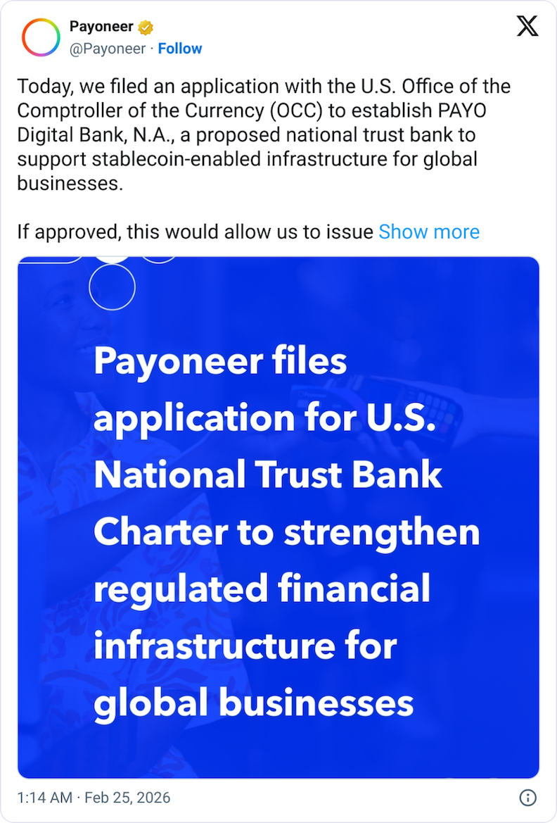 Payoneer加入金融科技企业争夺美国银行牌照热潮