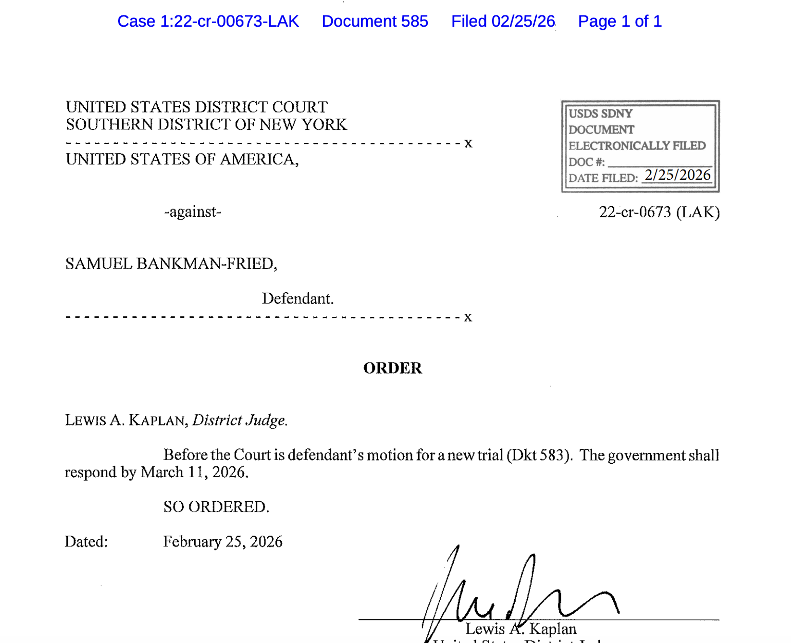 法院为美国就Bankman-Fried的新审判动议设定最后期限