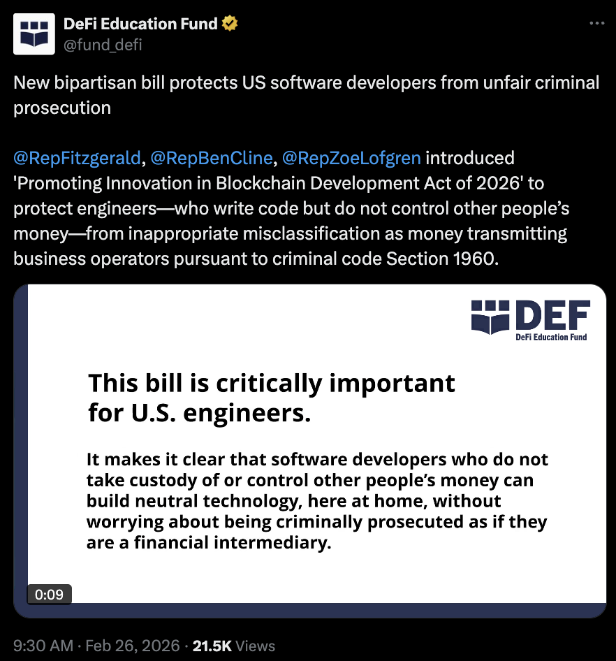 美国议员采取行动，保护区块链开发者免于刑事起诉
