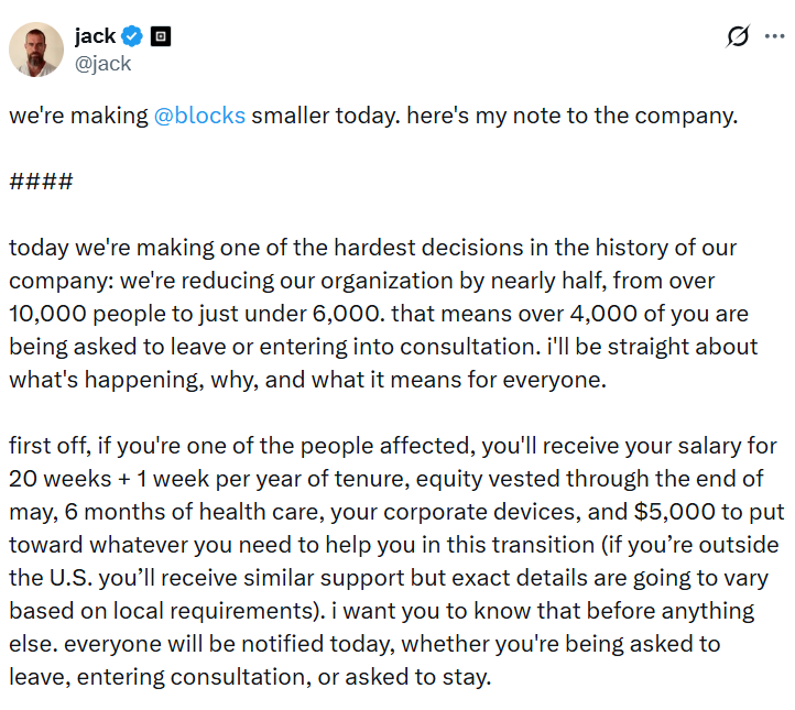Jack Dorsey旗下的Block公司将在AI驱动的重组中裁员4000人