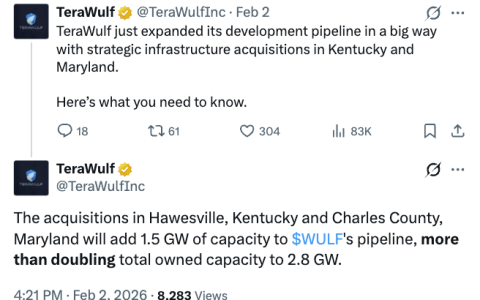因比特币（BTC）挖矿收入下滑，TeraWulf2025年第四季度业绩未达预期