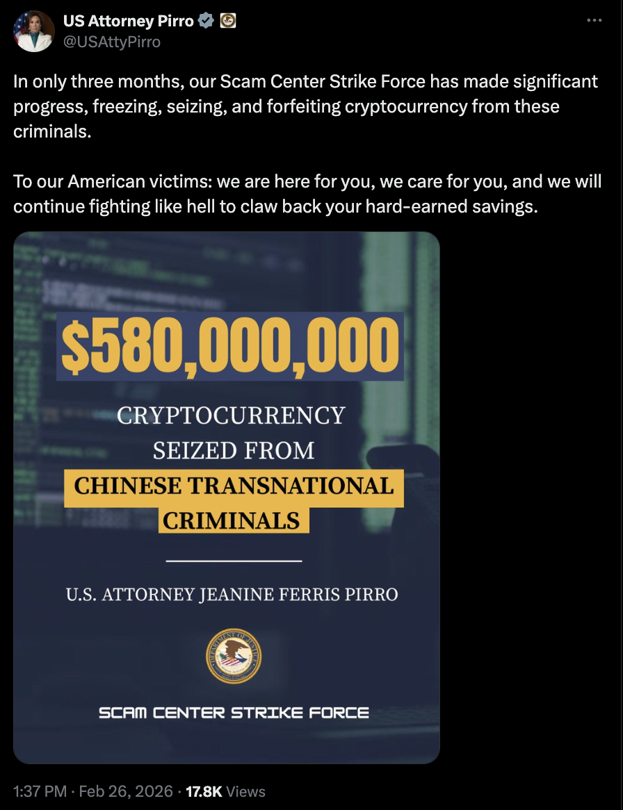 美国司法部查获并冻结了来自中国跨国犯罪分子的5.8亿美元加密货币