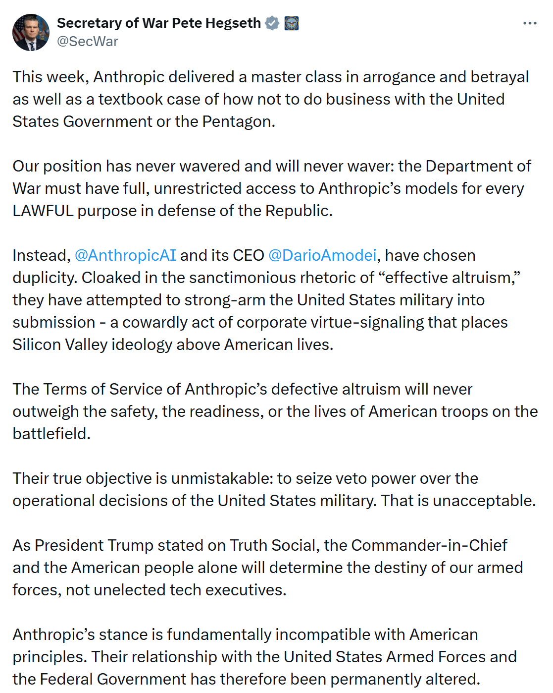 据英国《金融时报》报道，随着科技集团敦促特朗普政府摒弃风险标签，Anthropic 重启与五角大楼的谈判