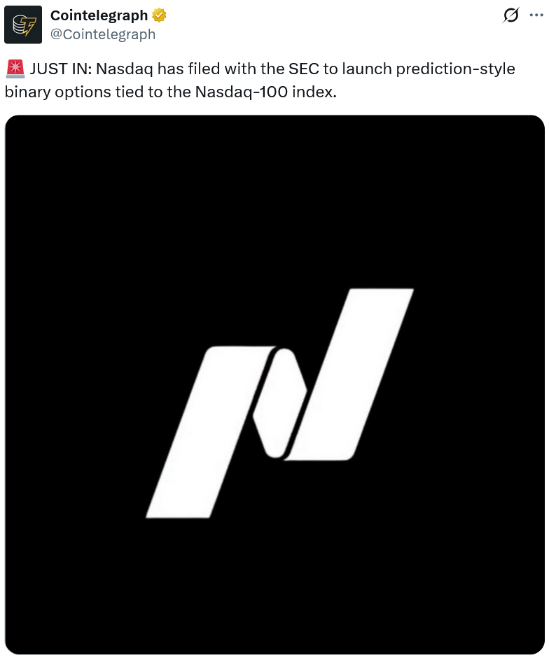 纳斯达克申请推出基于纳斯达克 100 指数的预测市场式期权