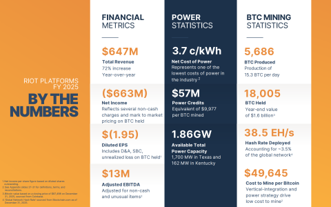 Riot报告称，2025年收入创下6.47亿美元新高，而其他比特币 (BTC) 矿企正面临困境