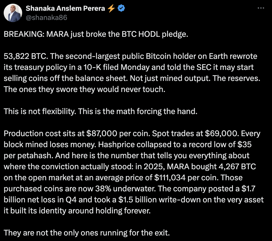 矿业公司进一步进军人工智能和高性能计算领域，MARA或将出售比特币（BTC）