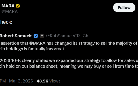MARA高管反驳比特币（BTC）财库减持传闻