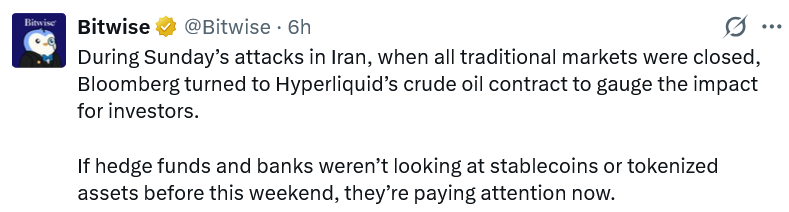 Bitwise:传统金融或将比预期更早采纳7x24小时加密基础设施