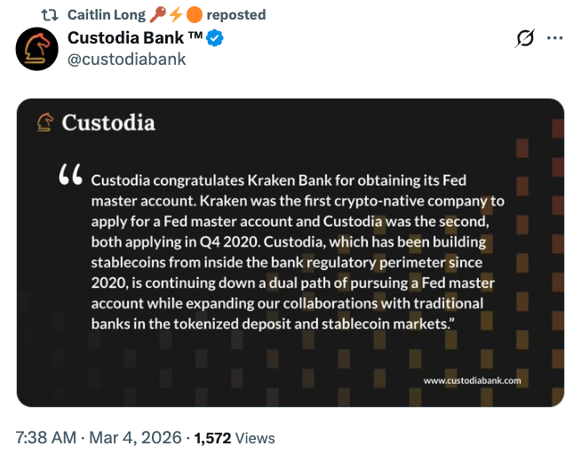 kraken获得堪萨斯城联邦储备银行批准，获得有限主账户访问权限