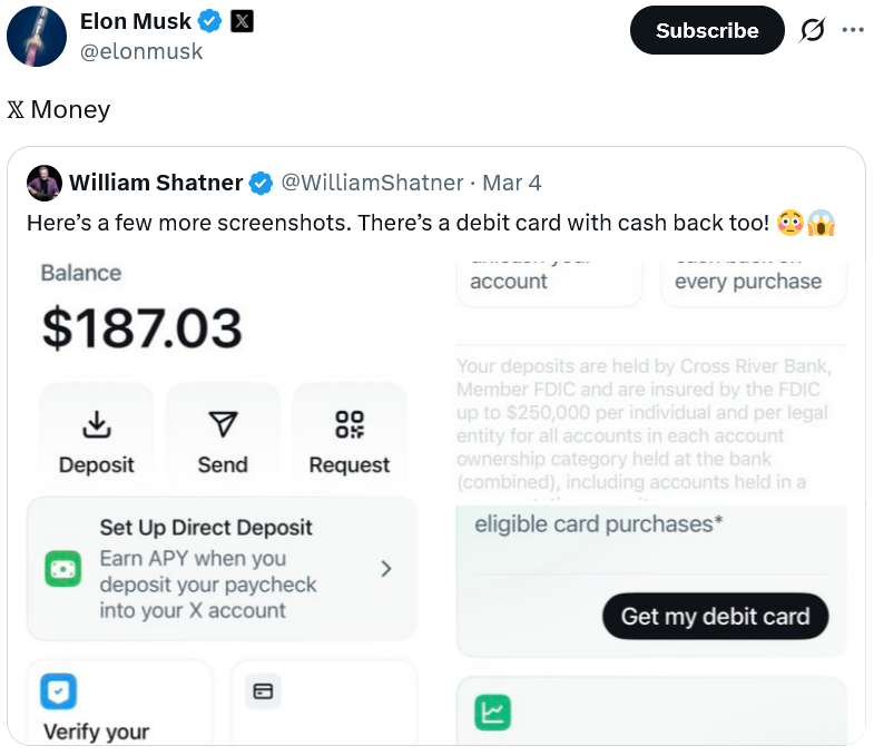 “星际迷航”舰长柯克展示X Money，限量版内测已上线