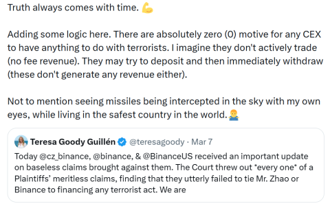 赵长鹏称中心化交易所“绝无动机”协助恐怖分子，美法院驳回恐怖主义指控案