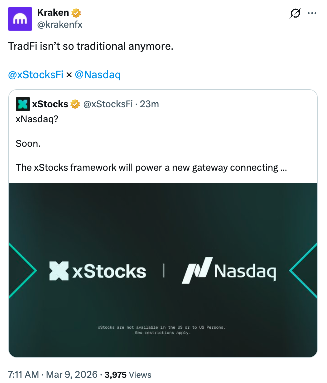 纳斯达克与Kraken合作推出以发行方为中心的代币化股票