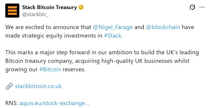 Nigel Farage向英国比特币金库公司Stack BTC投资了28.6万美元