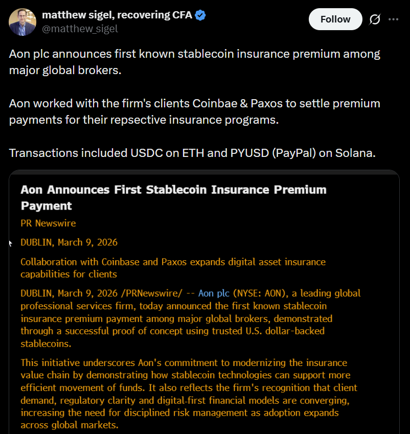Aon与Paxos、Coinbase合作测试以稳定币支付保险费