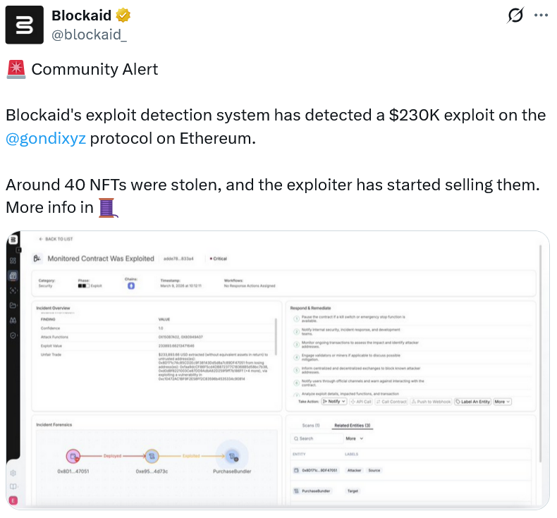 NFT 借贷协议 Gondi 称平台在遭受 23 万美元攻击后已得到安全保障