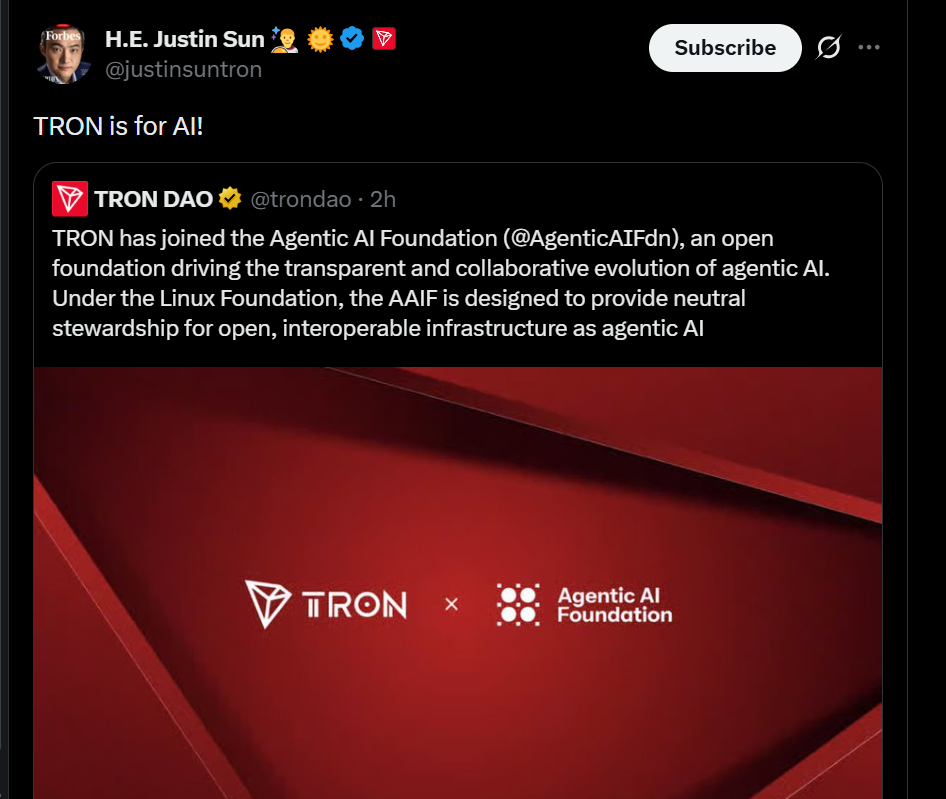 Tron 加入 Agentic AI Foundation，创始人称看好 AI 未来