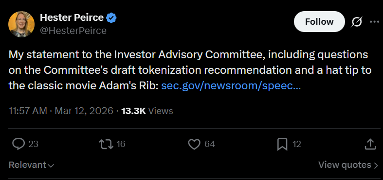 美国证券交易委员会“加密货币之母”呼吁简化披露规则，并指出代币化争议