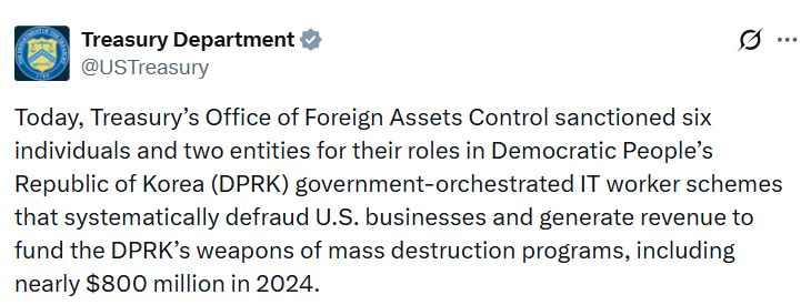 美国财政部制裁朝鲜IT工作人员欺诈团伙的帮凶