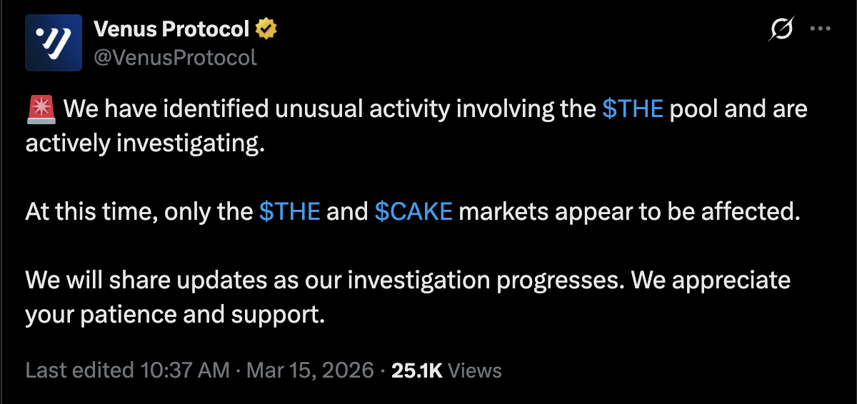 Venus Protocol遭遇“供应上限”攻击，损失370万美元