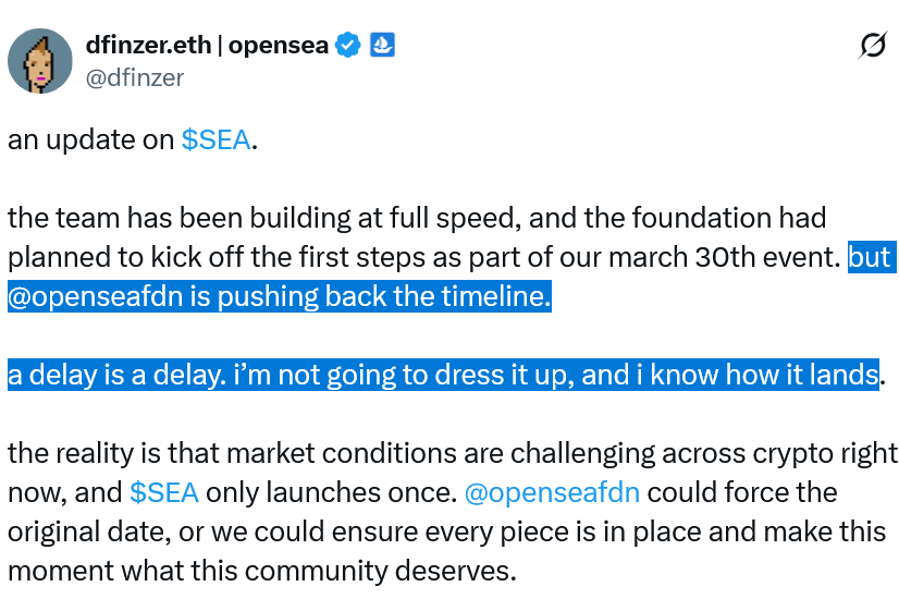 OpenSea推迟SEA代币发行，称当前市场环境“具有挑战性”