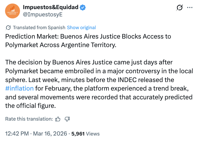 阿根廷法院裁定Polymarket涉非法赌博，已颁布全国性封禁令
