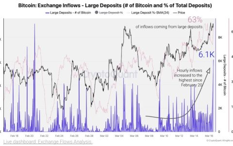 比特币（BTC）在 75,000 美元面临阻力，交易所流入量激增