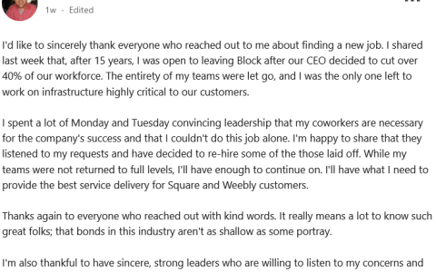Dorsey旗下Block上月裁员0.4万人，部分员工已被召回