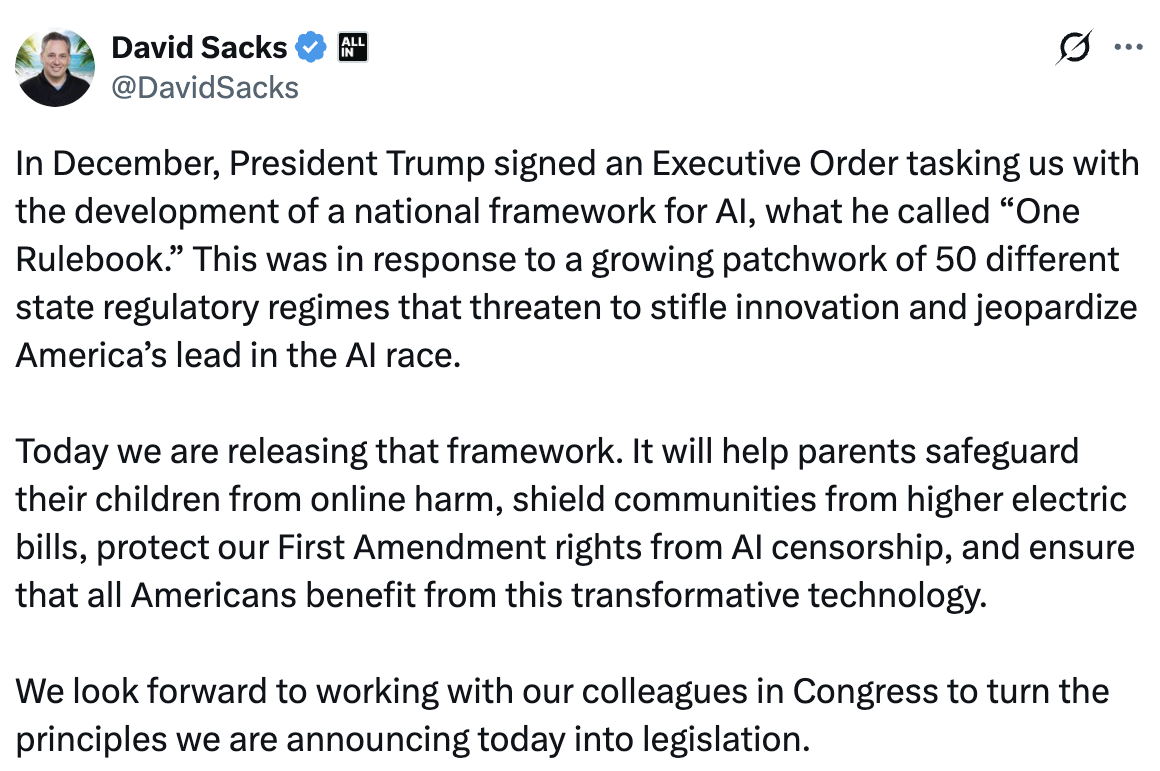 白宫概述国家人工智能框架,呼吁联邦政府统一应对