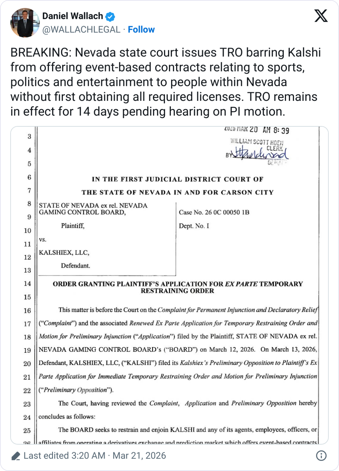 内华达州法官暂时禁止Kalshi在该州运营