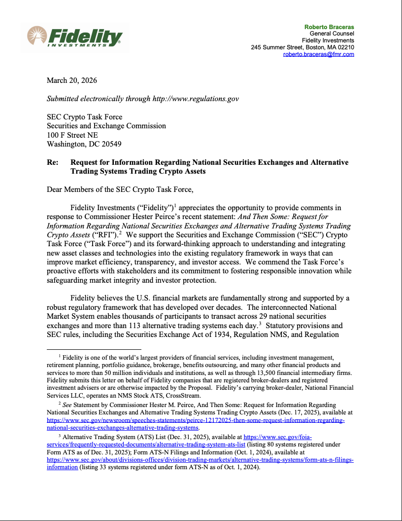 富达(Fidelity)敦促美国证券交易委员会进一步推进经纪商在加密货币活动方面的监管