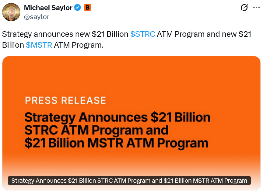 Strategy披露441亿美元融资能力以购入更多比特币（BTC）