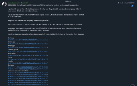 ZachXBT 指控 Circle 错误冻结交易所钱包