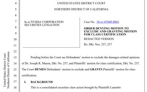 加州法院推动Nvidia投资者集体诉讼，涉及加密挖矿收入披露