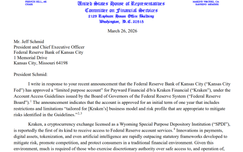 美国立法者就Kraken主账户批准向堪萨斯联邦储备银行施压
