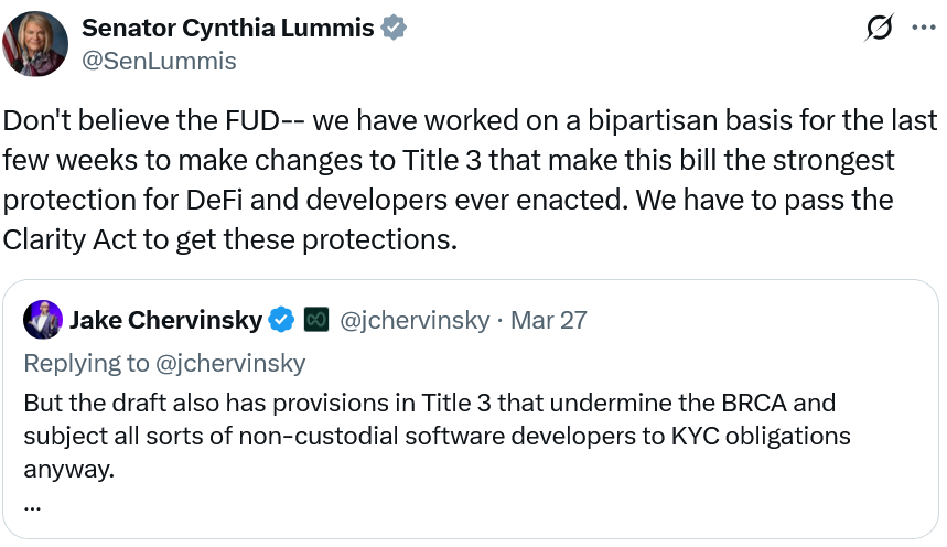 Lummis表示，《CLARITY法案》提供“最强”的开发者保护