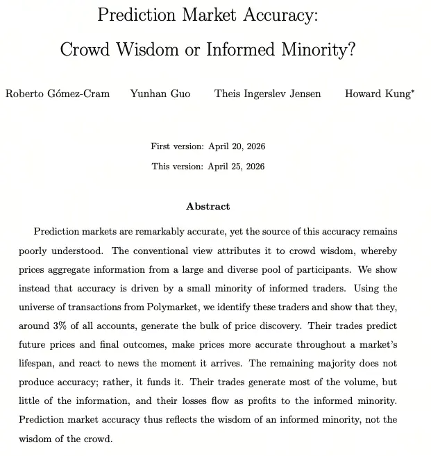 SSRN 研究论文：Polymarket 定价准确性源自 3.14% 知情交易者
