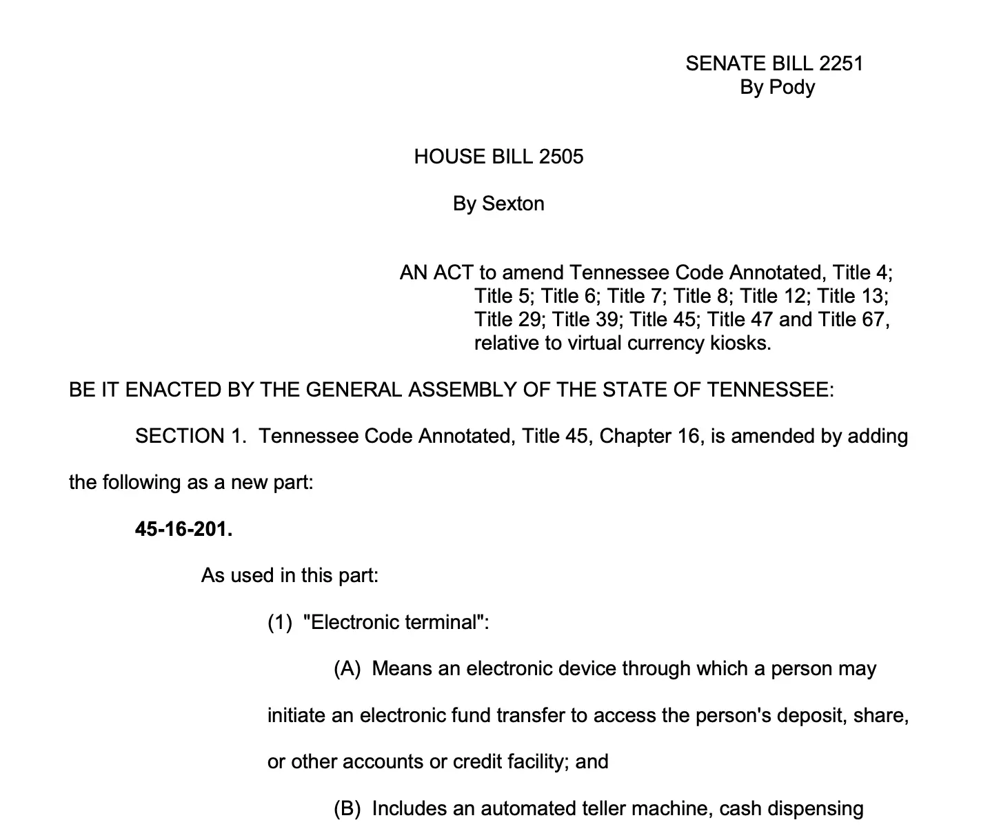 田纳西州加密 ATM 禁令 7 月 1 日生效，违规者面临最高 11 个月监禁